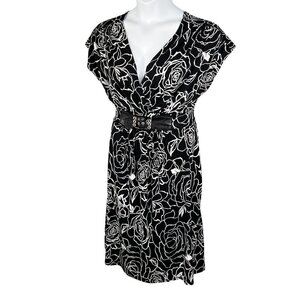 Y2K Womens XL Black Rose Babydoll Dress Vegan Leather Belt Stretchy Fairy Grunge